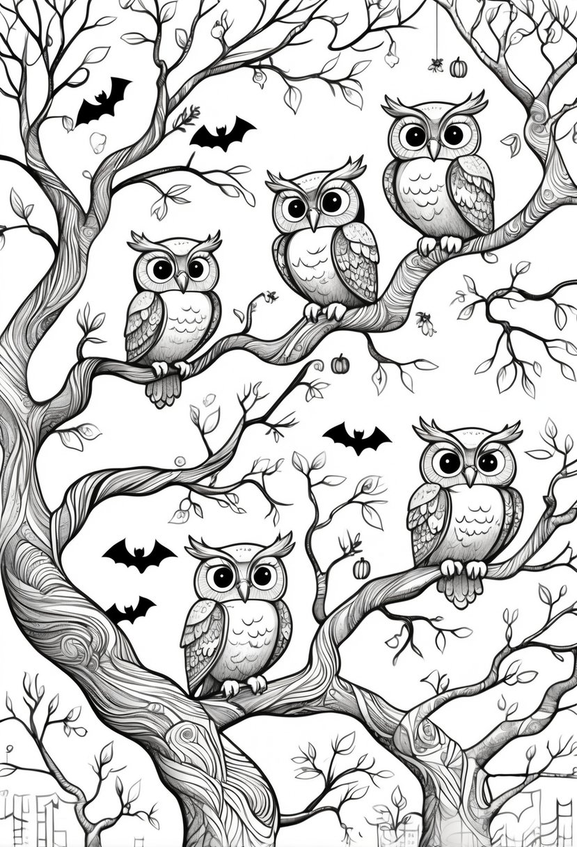 Halloween Coloring Pages for Kids Featuring 16 Cute and Friendly Characters and Scenes 32 Several playful owls sitting on tree branches surrounded by pumpkins, bats, and spider webs in a Halloween setting.